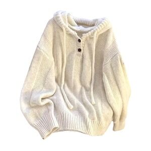 Womens Cream Chunky Knit Hoodie Oversized Henley Button Sweater Off White
